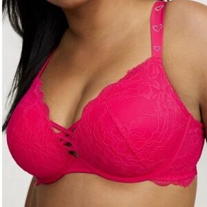 Torrid Vibrant Pink Lace XO Push Up Plunge Diamanté Bra 42D NWT